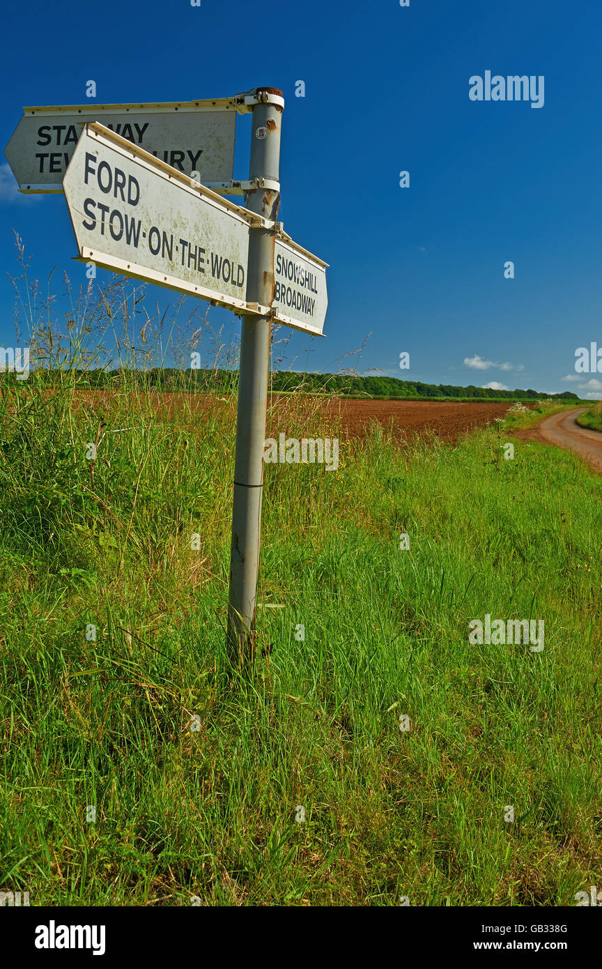 Road sign on the edge of a Cotswold lane. Stock Photo