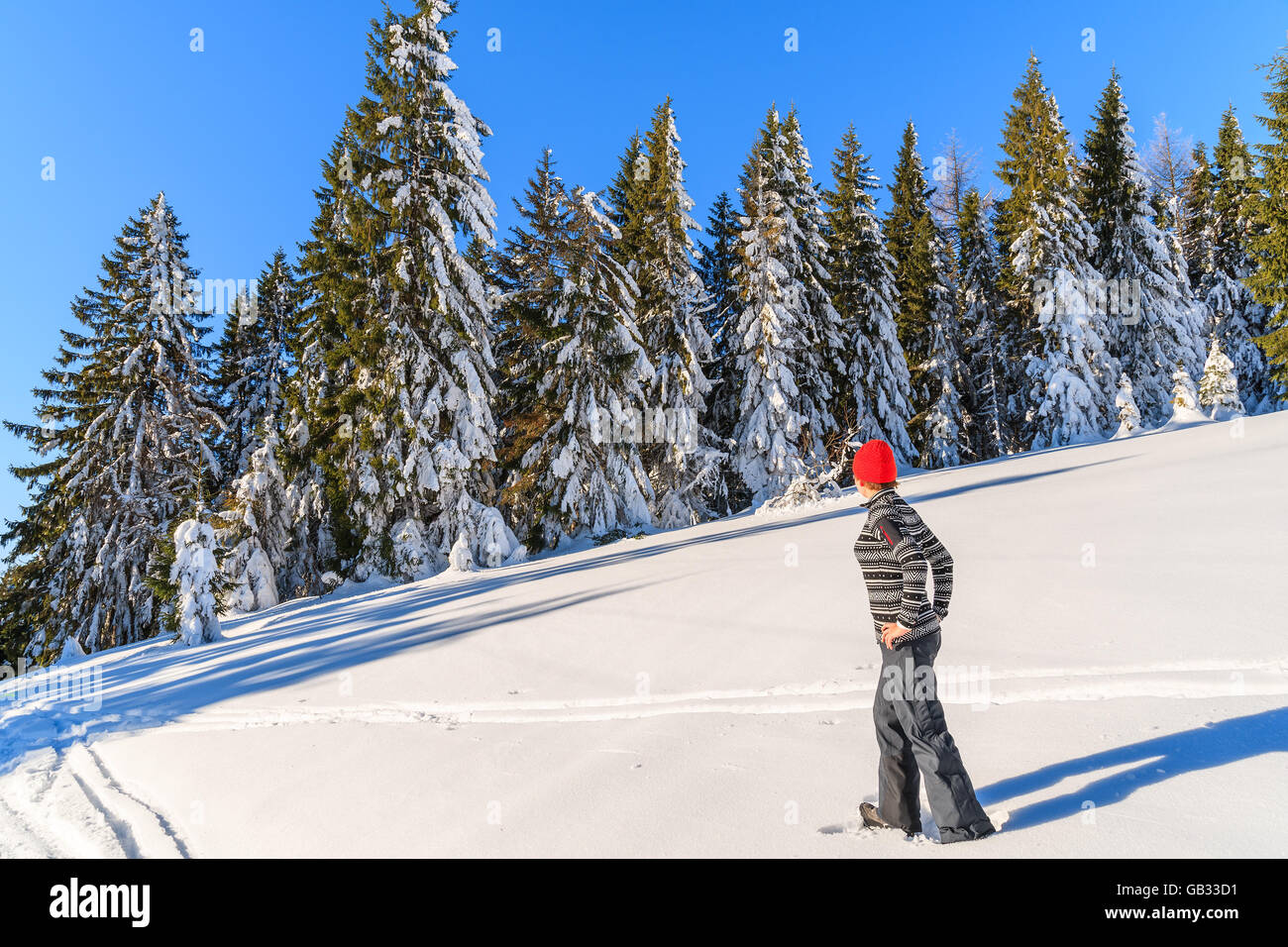 Young woman tourist standing on fresh snow in Gorce Mountains, Poland Stock Photo