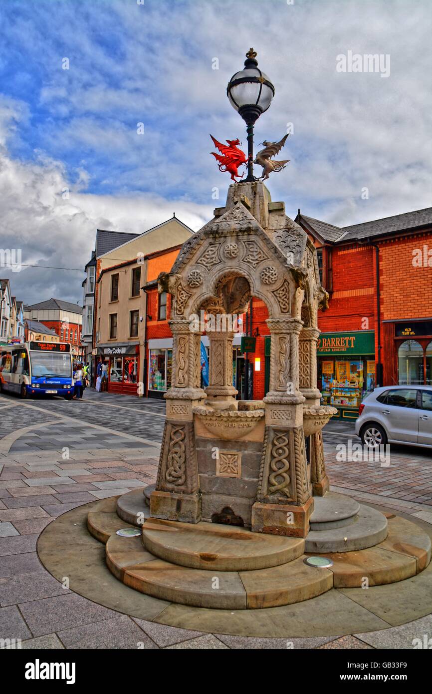 Wales, United Kingdom, old town centre with Dragon well. The English