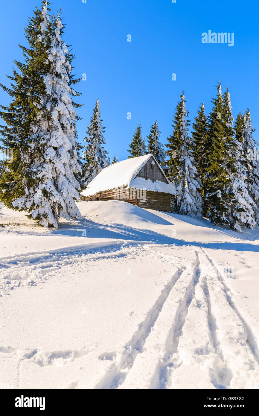 Ski track to wooden hut covered with fresh snow in winter scenery of ...