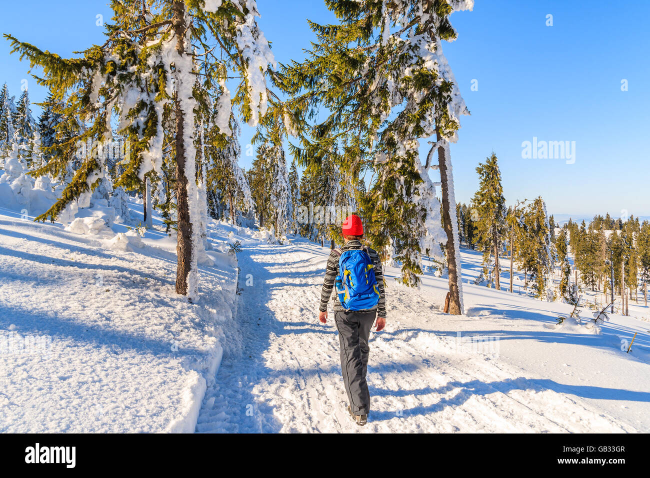 Young woman tourist on winter trail in Gorce Mountains, Poland Stock Photo