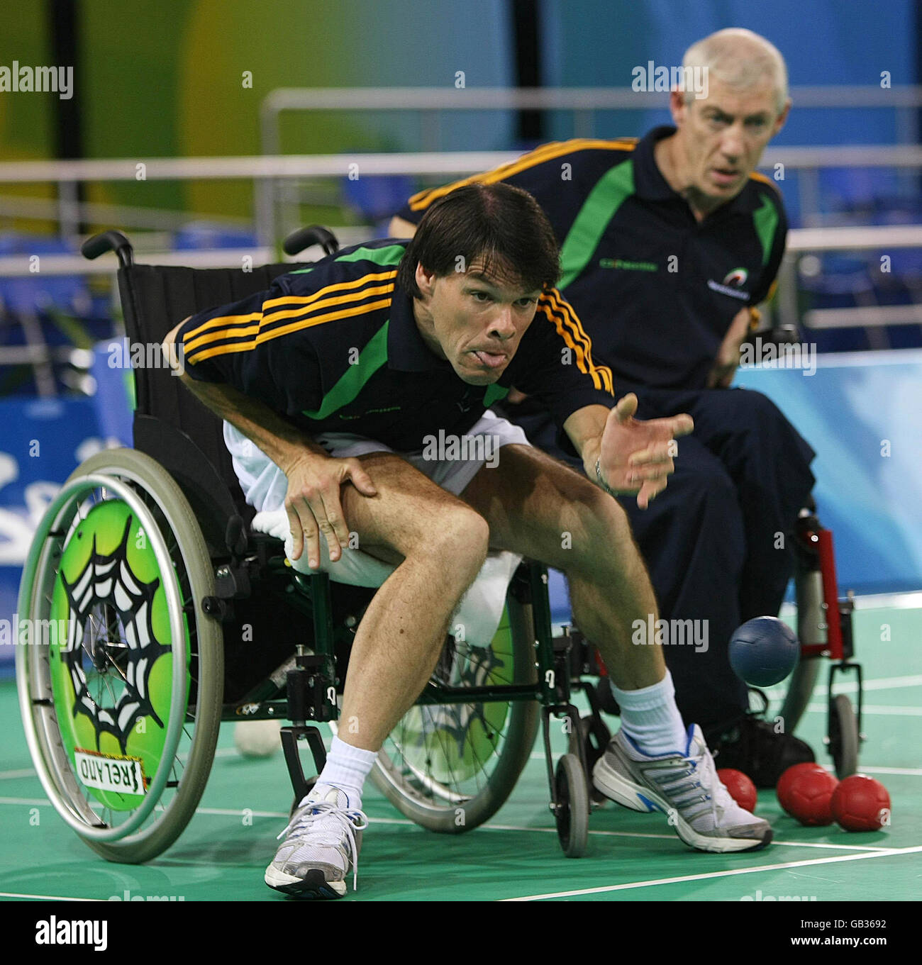 Irish Paralympic athletes Gabriel Shelly competing in the Boccia event with Thomas Leahy (right) in the Fencing Hall of National Convention Center in Beijing, China. Stock Photo