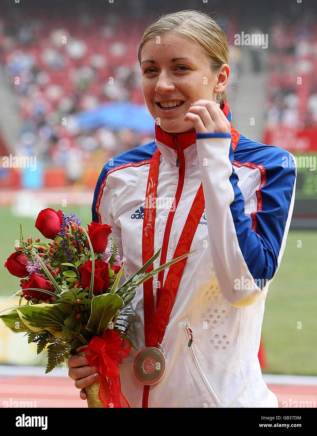 Great Britain's Libby Clegg celebrates winning Silver during the Women's T12 100M Final in the National Stadium at the Beijing Paralympic Games 2008, China. Stock Photo