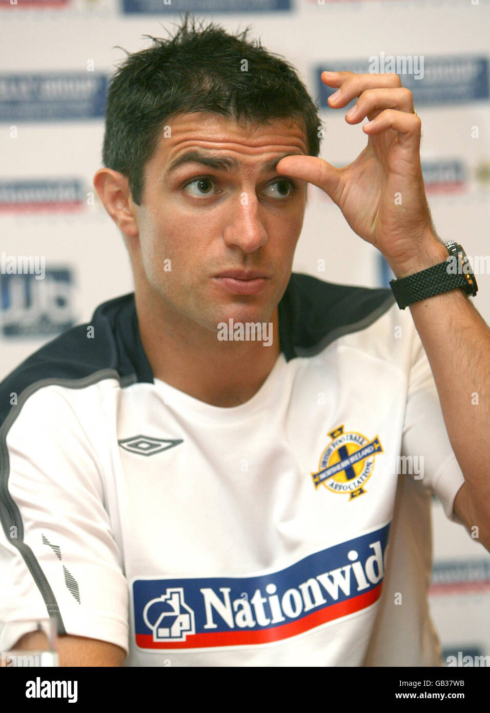 Northern Ireland's captain Aaron Hughes at a pre match press conference at the Hilton hotel, Templepatrick. Stock Photo