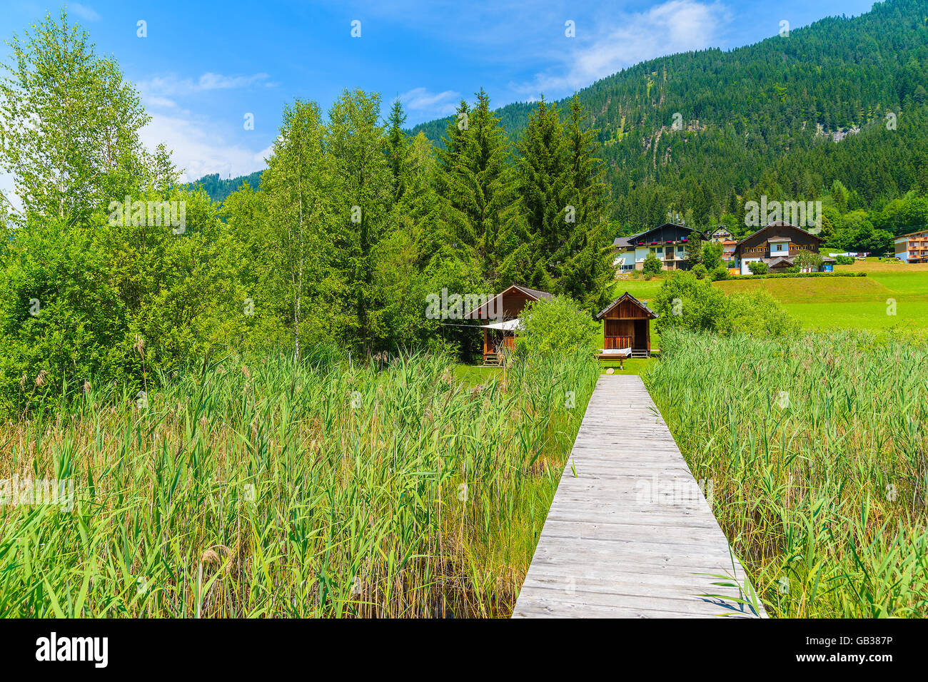 Wooden jetty in grass in alpine village on shore of Weissensee lake in summer landscape of Alps Mountains, Austria Stock Photo