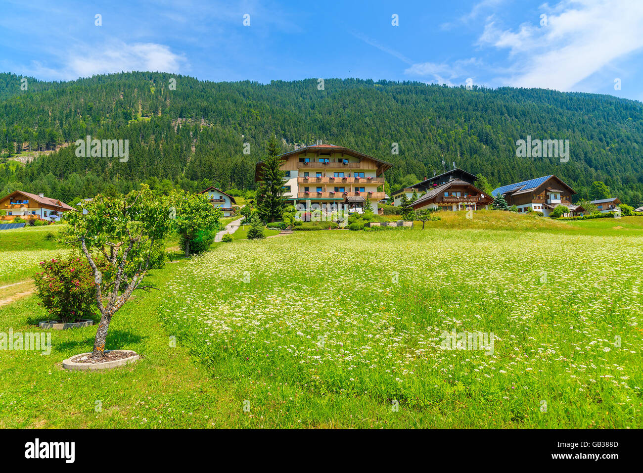 Traditional countryside houses in alpine village on shore of Weissensee lake in summer landscape of Alps Mountains, Austria Stock Photo