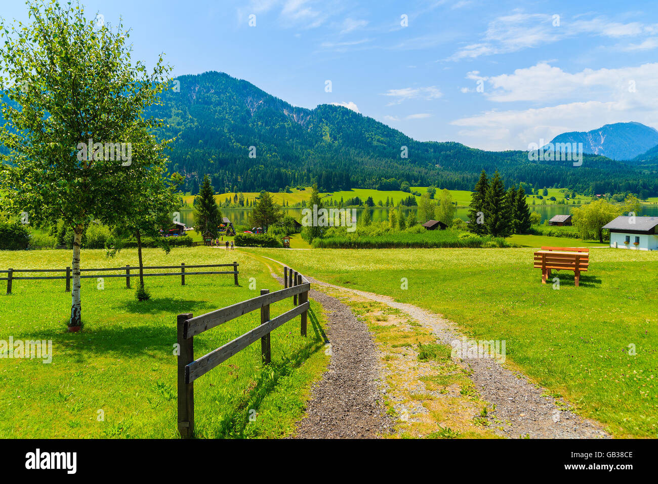 Rural road in summer landscape of Weissensee lake, Carinthia land, Austria Stock Photo
