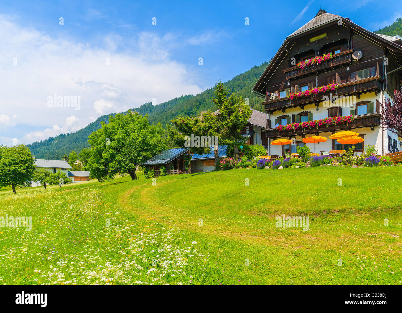 Traditional countryside houses in alpine village on shore of Weissensee lake in summer landscape of Alps Mountains, Austria Stock Photo