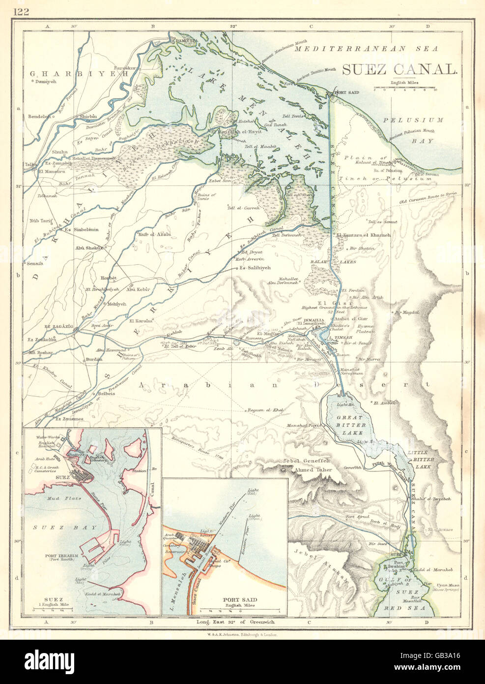 SUEZ CANAL:Suez Port Said town plans. Suez canal, 1897 antique map Stock Photo