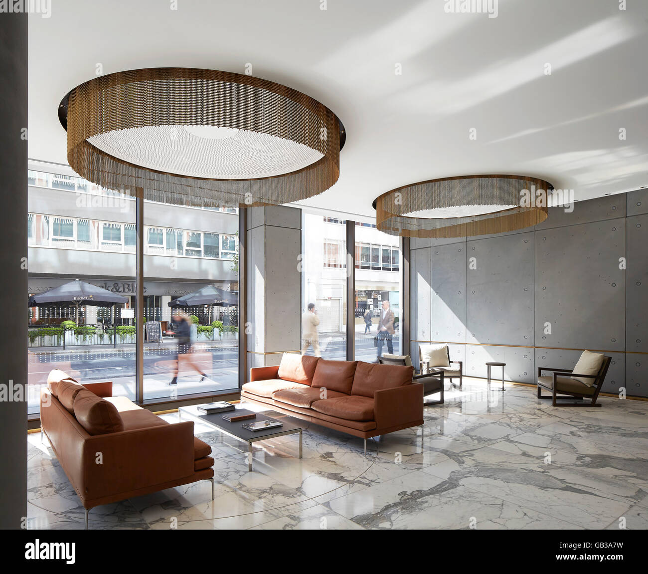 Reception lounge with street view. Fitzroy Place, London, United Kingdom. Architect: Lifschutz Davidson Sandilands, 2015. Stock Photo