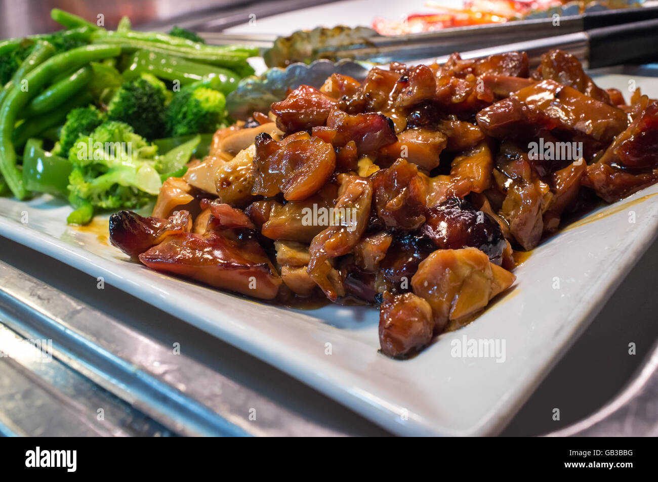 Chinese food buffet self service Teriyaki chicken with broccoli Stock Photo  - Alamy