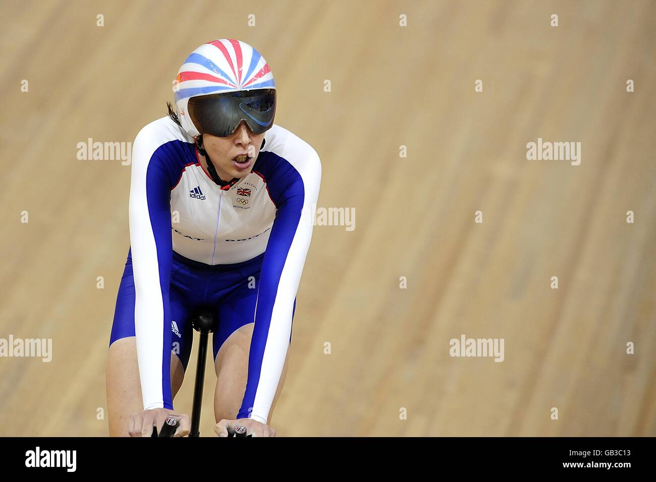 Great Britain's Rebecca Romero competes in the Women's Individual Pursuit Qualifying at the Laoshan Velodrome on day 7 of the 2008 Olympic Games in Beijing. Stock Photo