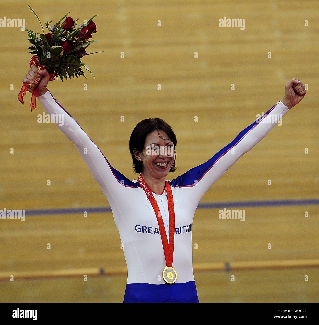 Britain's Rebecca Romero recieves her gold medal for the women's individal persuit and at the Laoshan Velodrome in Beijing, China during the 2008 Beijing Olympic Games. Stock Photo