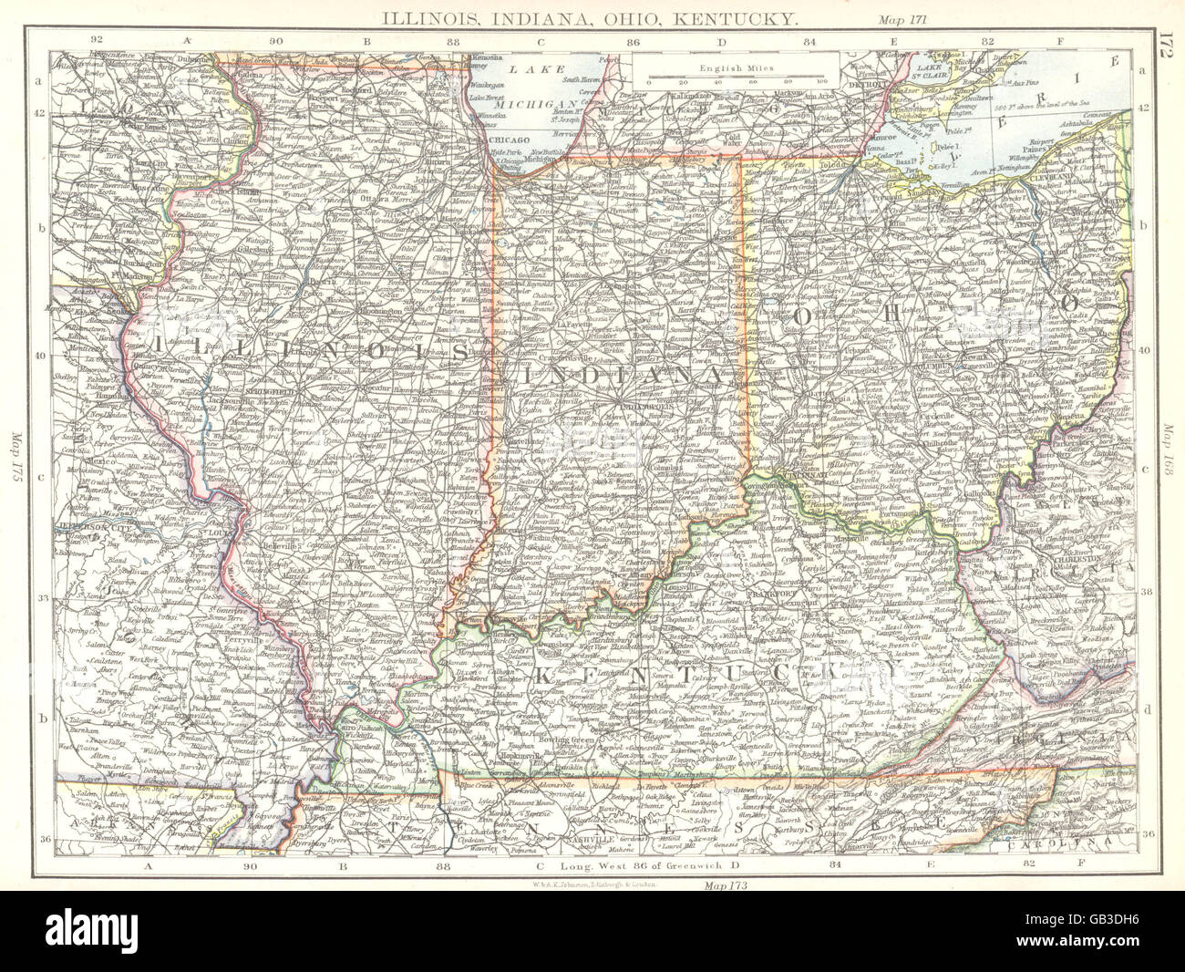 USA MID WEST: Illinois, Indiana, Ohio, Kentucky, 1897 antique map Stock Photo