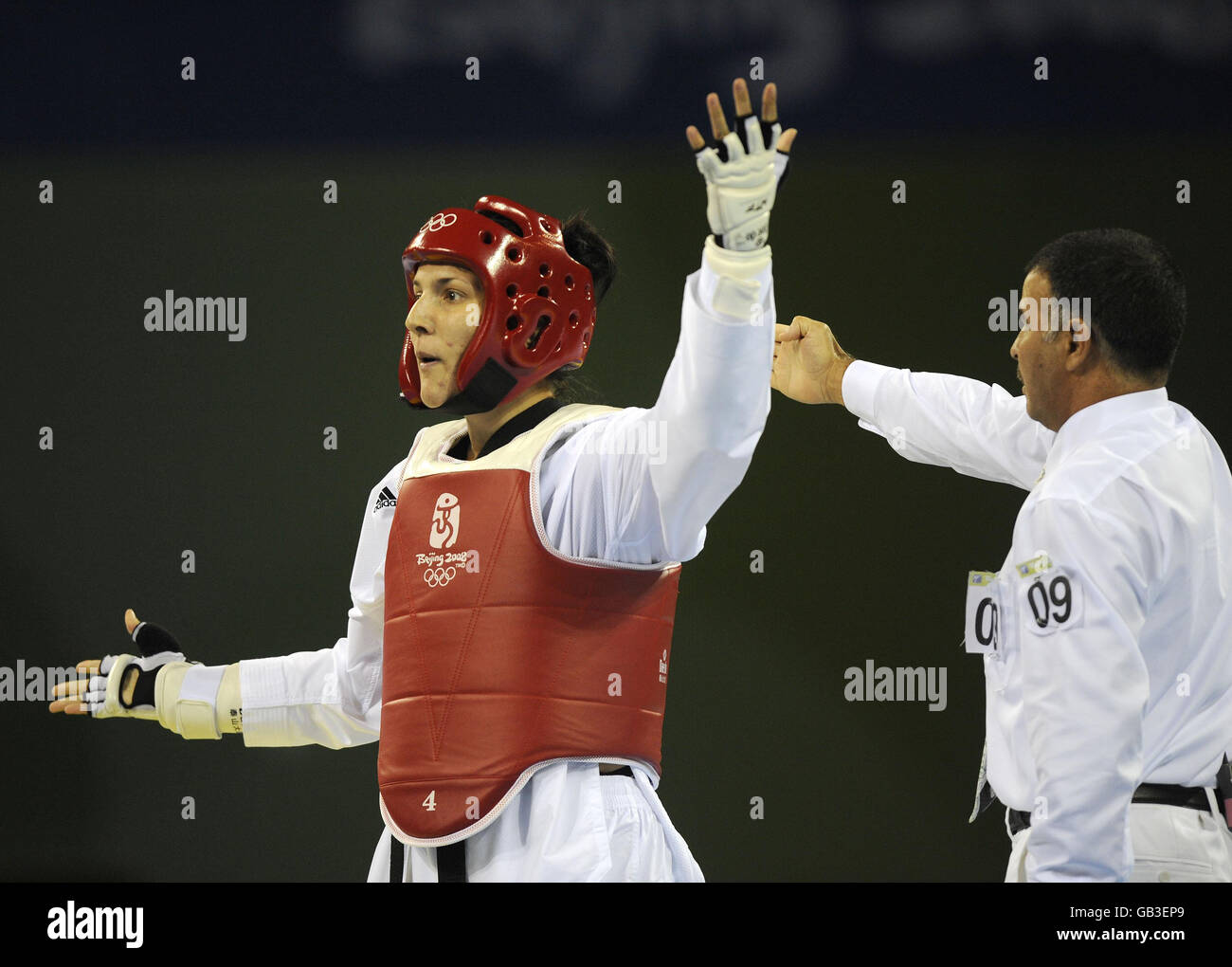 Great Britain's Sarah Stevenson reacts as she is told China's Zhong Chen has won their quarter-final match during the 2008 Beijing Olympic Games, China. Stock Photo