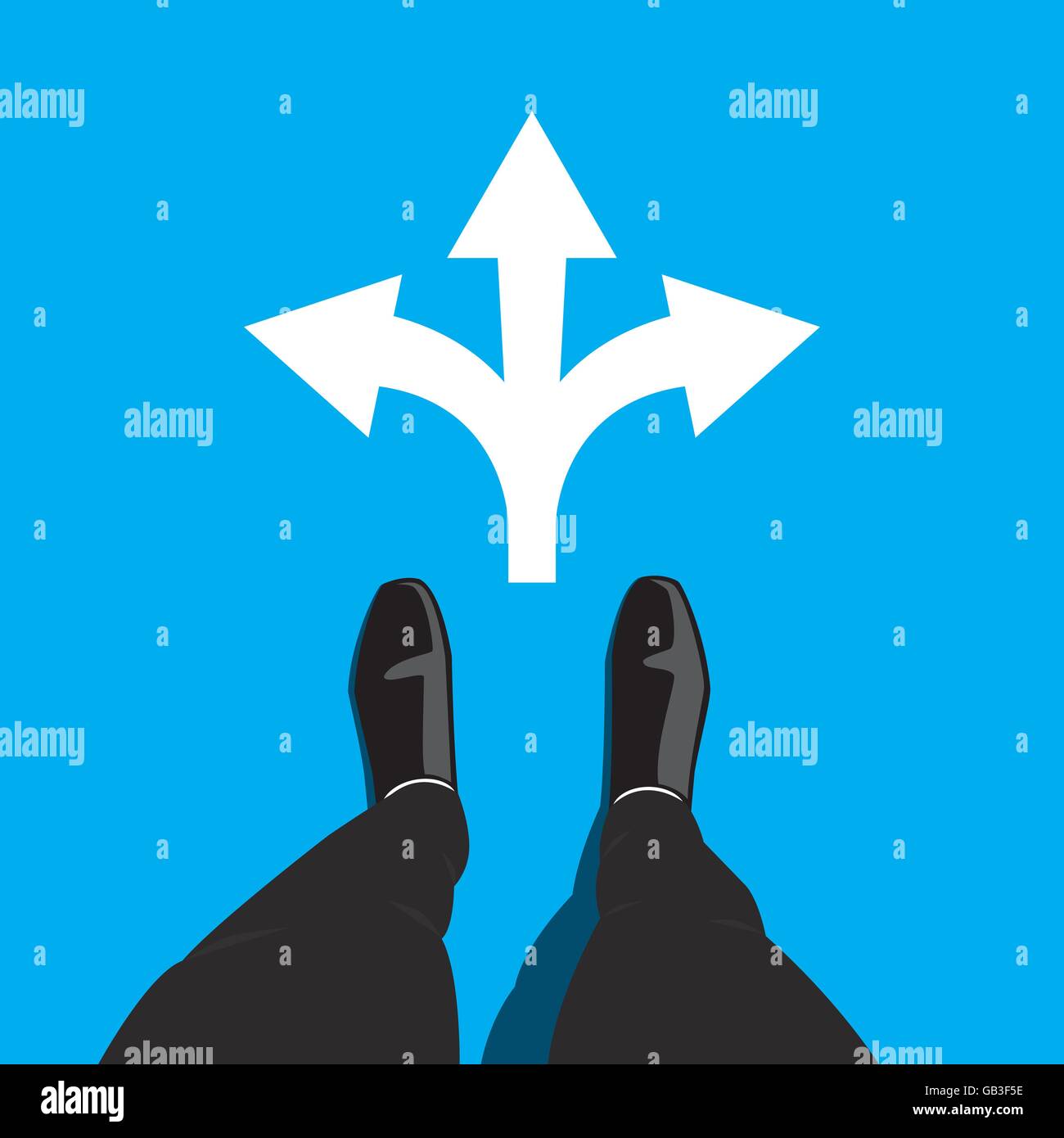 Businessman standing at the crossroad making decision which way to go - three ways to choose. Vector graphic design on blue back Stock Vector