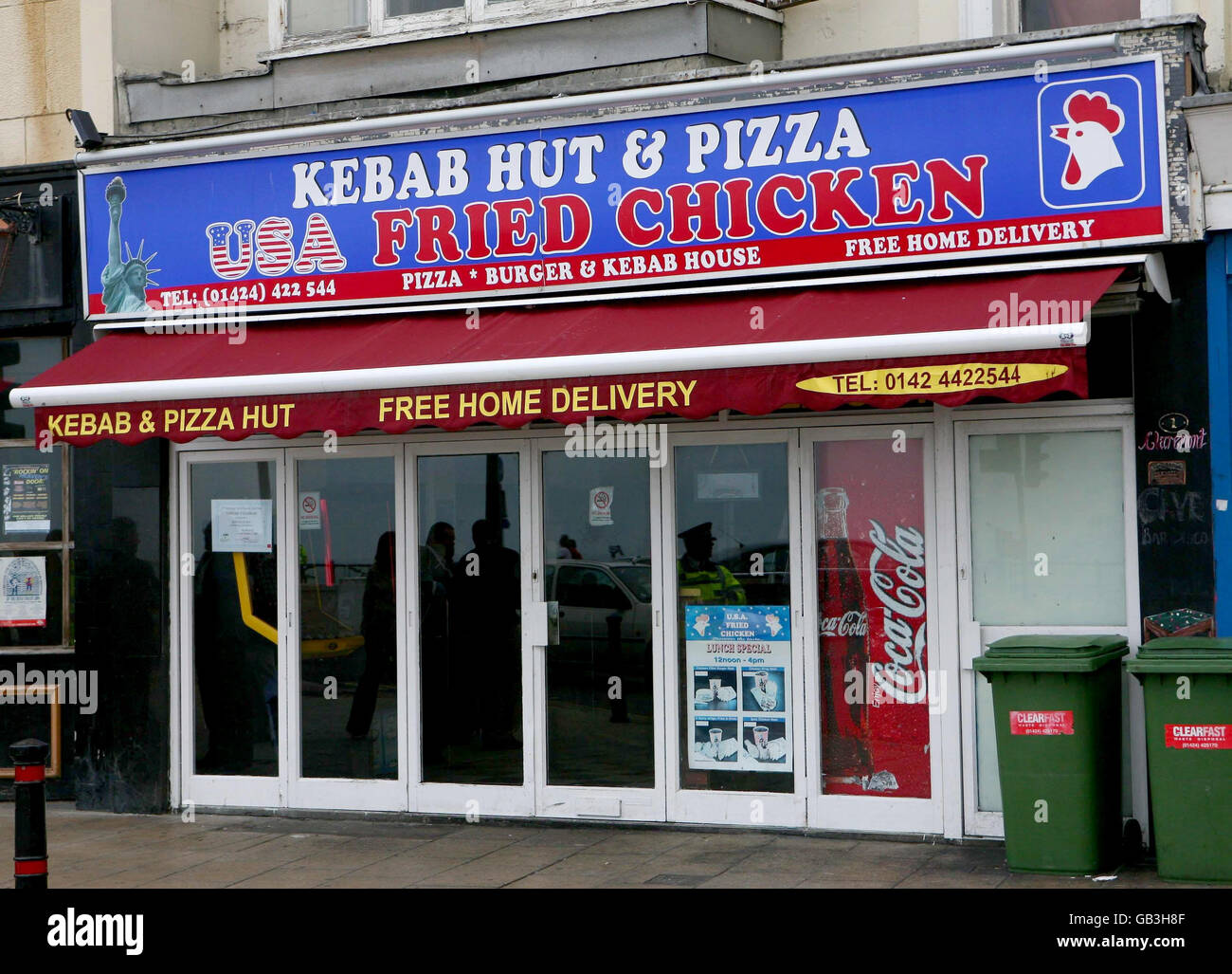 A general view of USA Fried Chicken in Hastings, East Sussex, where Mohammed Al-Majed, 16, from Qatar, suffered a serious head injury during an assault outside the takeaway in what is believed to be a racially motivated attack. Stock Photo