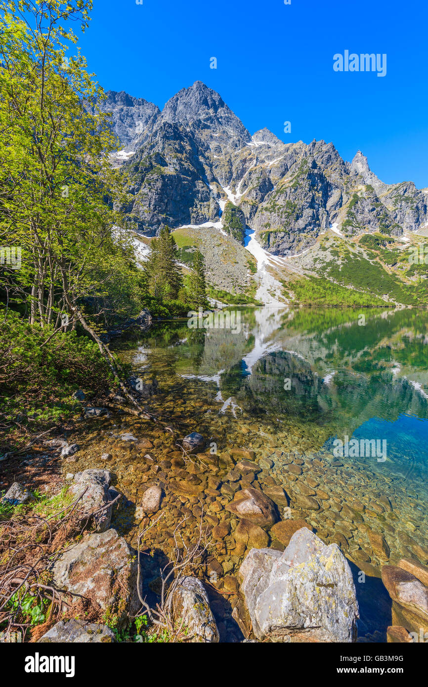 Reflection of mountain peaks in beautiful green water Morskie Oko lake, Tatra Mountains, Poland Stock Photo