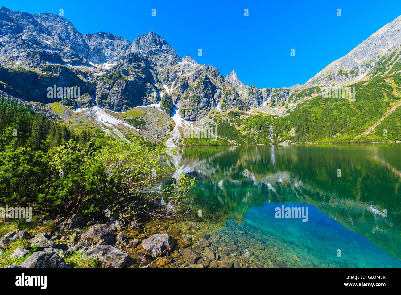 Green water of Morskie Oko lake in summer, Tatra Mountains, Poland Stock Photo
