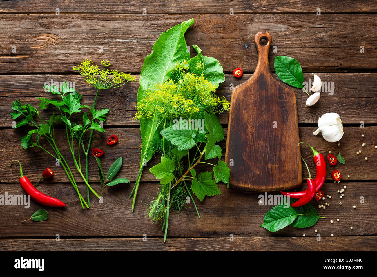 dark culinary background with various herbs and spices, top view, rustic style Stock Photo