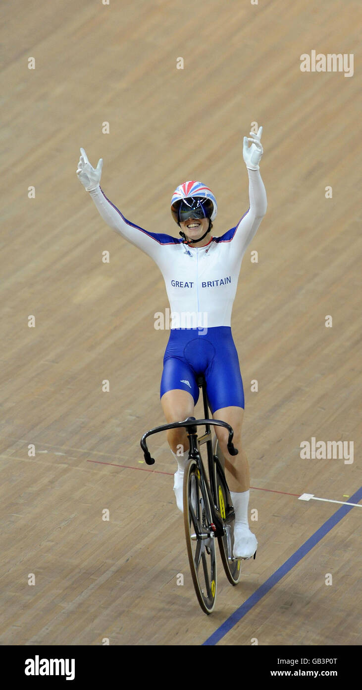 Olympics - Beijing Olympic Games 2008 - Day Eleven. Great Britain's Victoria Pendleton celebrates winning the Gold Medal in the Women's Sprint Final at The Laoshan Velodrome, Beijing, China. Stock Photo