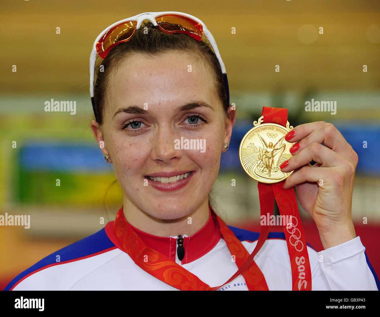 Great Britain's Victoria Pendleton with the Gold Medal from the Women's Sprint Finall at the Laoshan Velodrome at the 2008 Beijing Olympic Games in China. Stock Photo