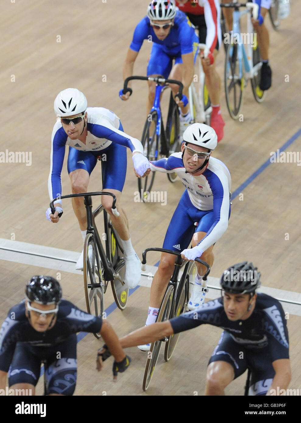 Great Britain's Bradley Wiggins (left) and Mark Cavendish in the Men's Madison final at the Laoshan Velodrome at the 2008 Beijing Olympic Games in China. Stock Photo
