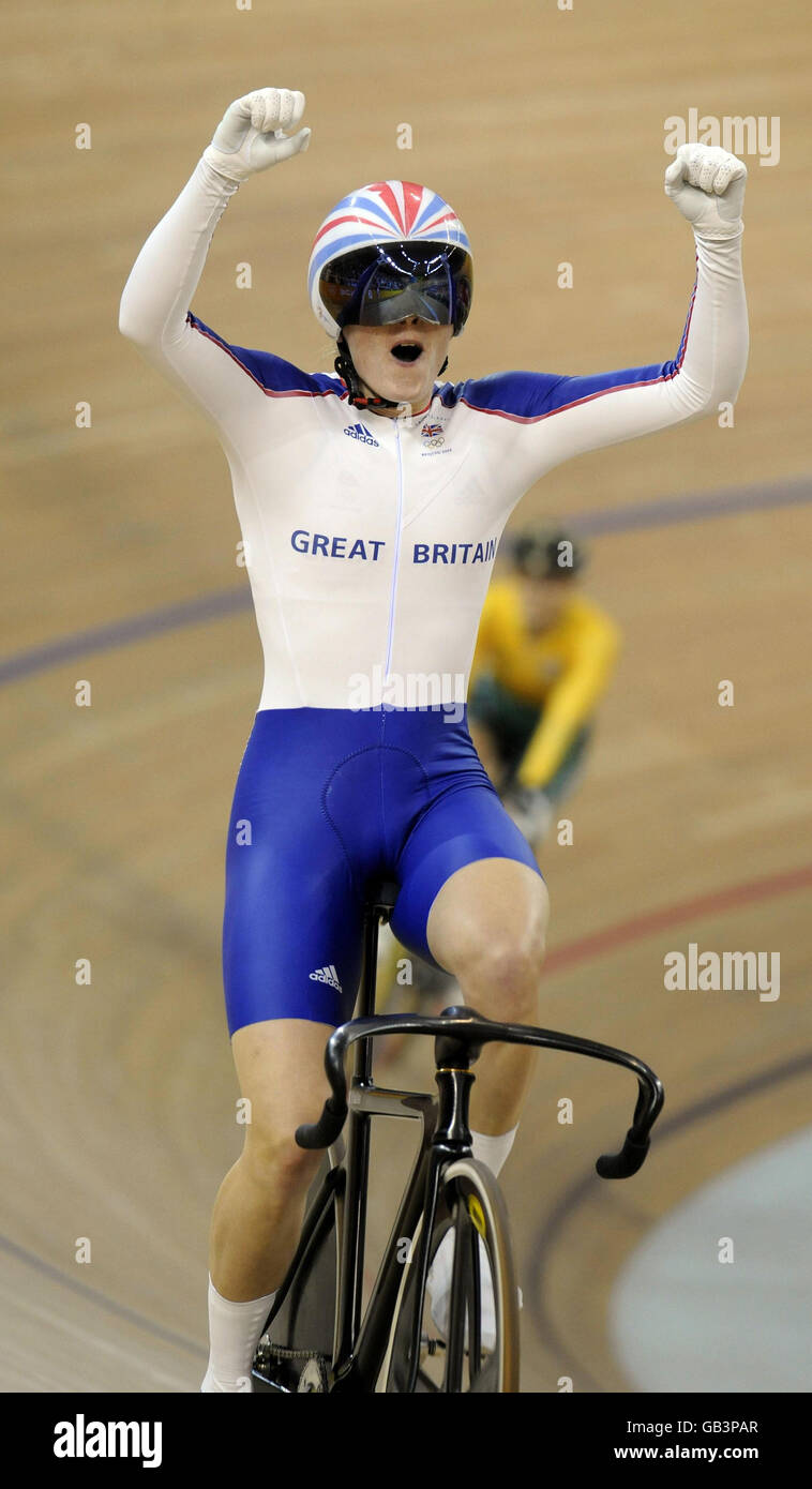 Great Britain's Victoria Pendleton celebrates winning the Gold Medal in the Women's Sprint Final at The Laoshan Velodrome, Beijing, China. Stock Photo