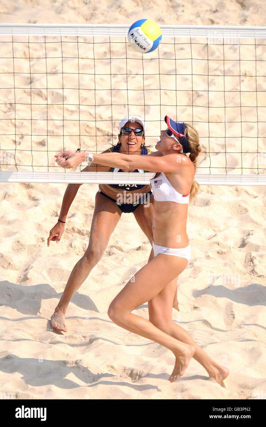 USA's Kerri Walsh (front) and Brazil's Renata Ribeiro in action during the Women's Semifinal match at the Chaoyang Park Beach Volleyball Ground on day 11 of the 2008 Olympic Games in Beijing. Stock Photo