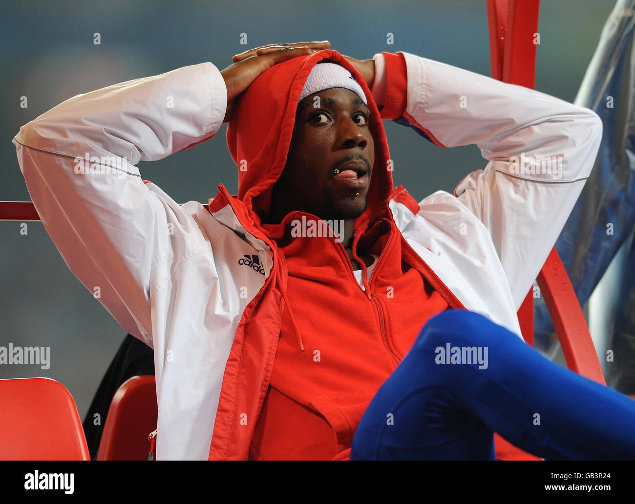 Great Britain's Phillips Idowu during the Mens Triple Jump Final at the National Stadium in Beijing during the 2008 Beijing Olympic Games in China. Stock Photo