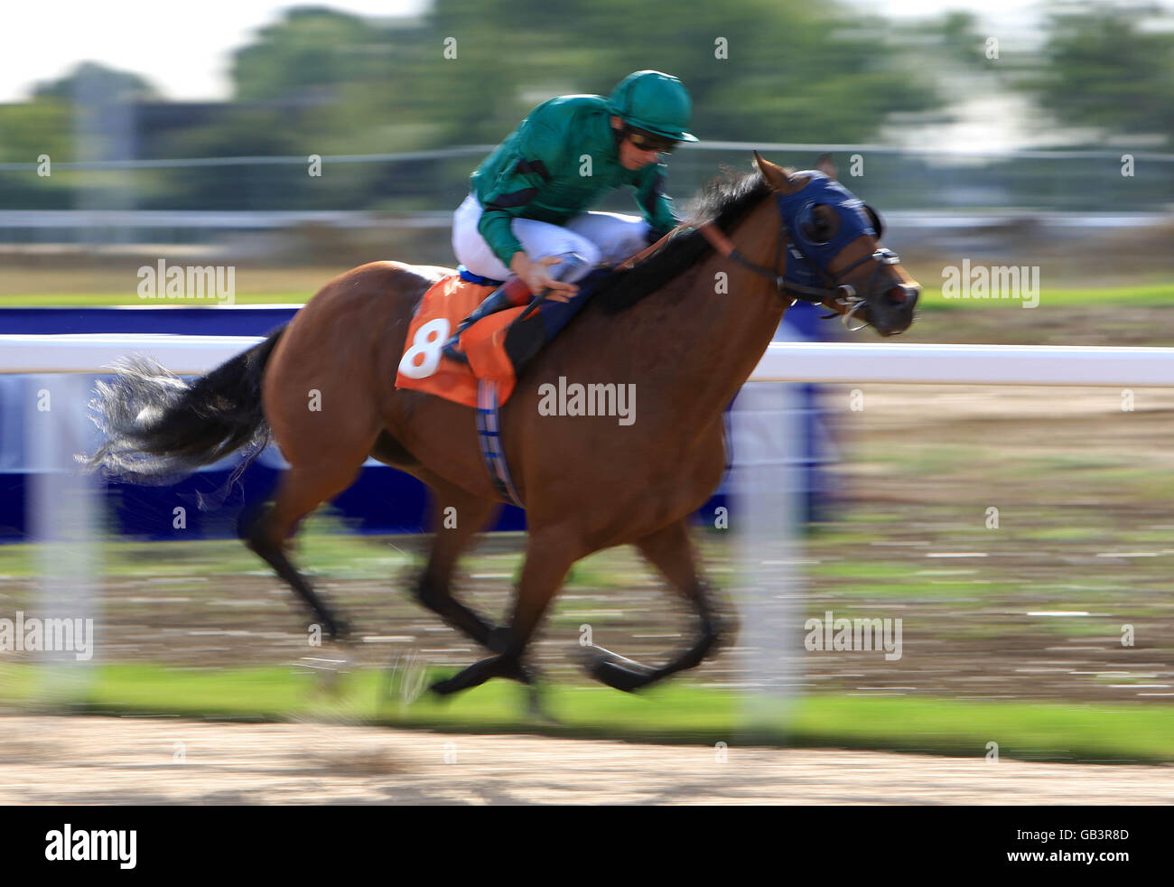 Horse Racing - Great Leighs. Frankie Dettori riding Legislation comes home to win the Fairstead Handicap Stakes his first win at Great Leighs Racecourse Stock Photo