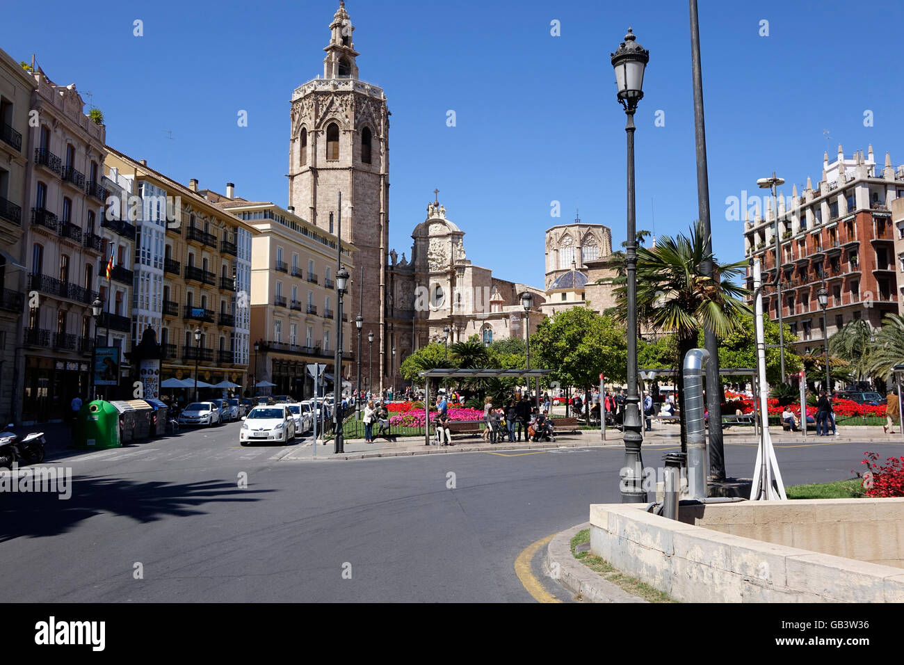 The Plaza de la Reina is located in Valencia's old town and includes the 13th century Valencia Cathedral. Stock Photo