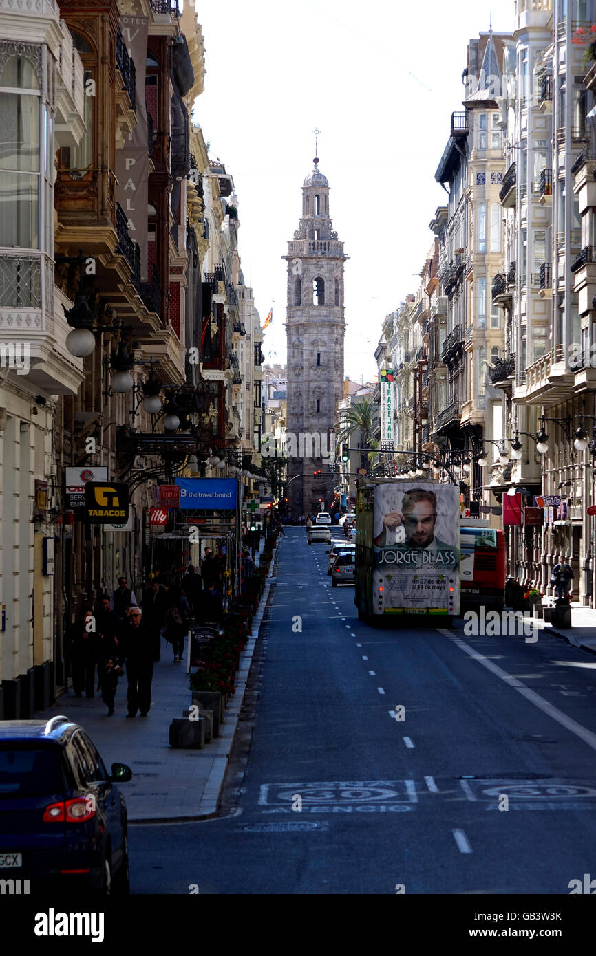 The Carrer de la Pau leads to Valencia's Plaza de la Reina. Stock Photo