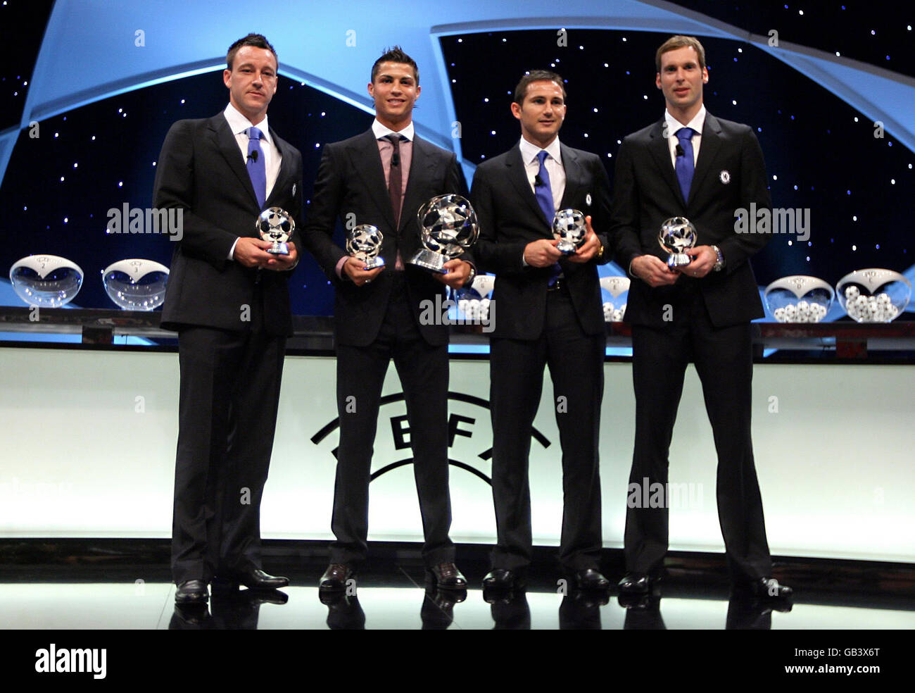 UEFA Award winners John Terry, Cristiano Ronaldo winner of the top award, Frank Lampard and Peter Cech (left to right) at the Grimaldi Forum, Monaco. Stock Photo