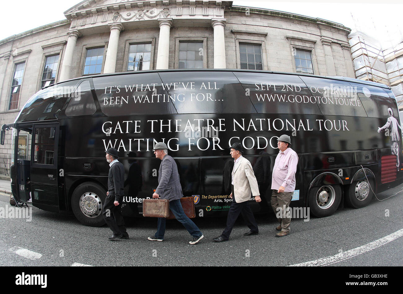 Cast Members (from the left) Johnny Murphy, Stephen Brennan, Barry McGovern and Alan Stanford board the 'Waiting for Godot' tour bus to take them on their 8 week tour around Ireland outside the Gate Theatre, Dublin. Stock Photo