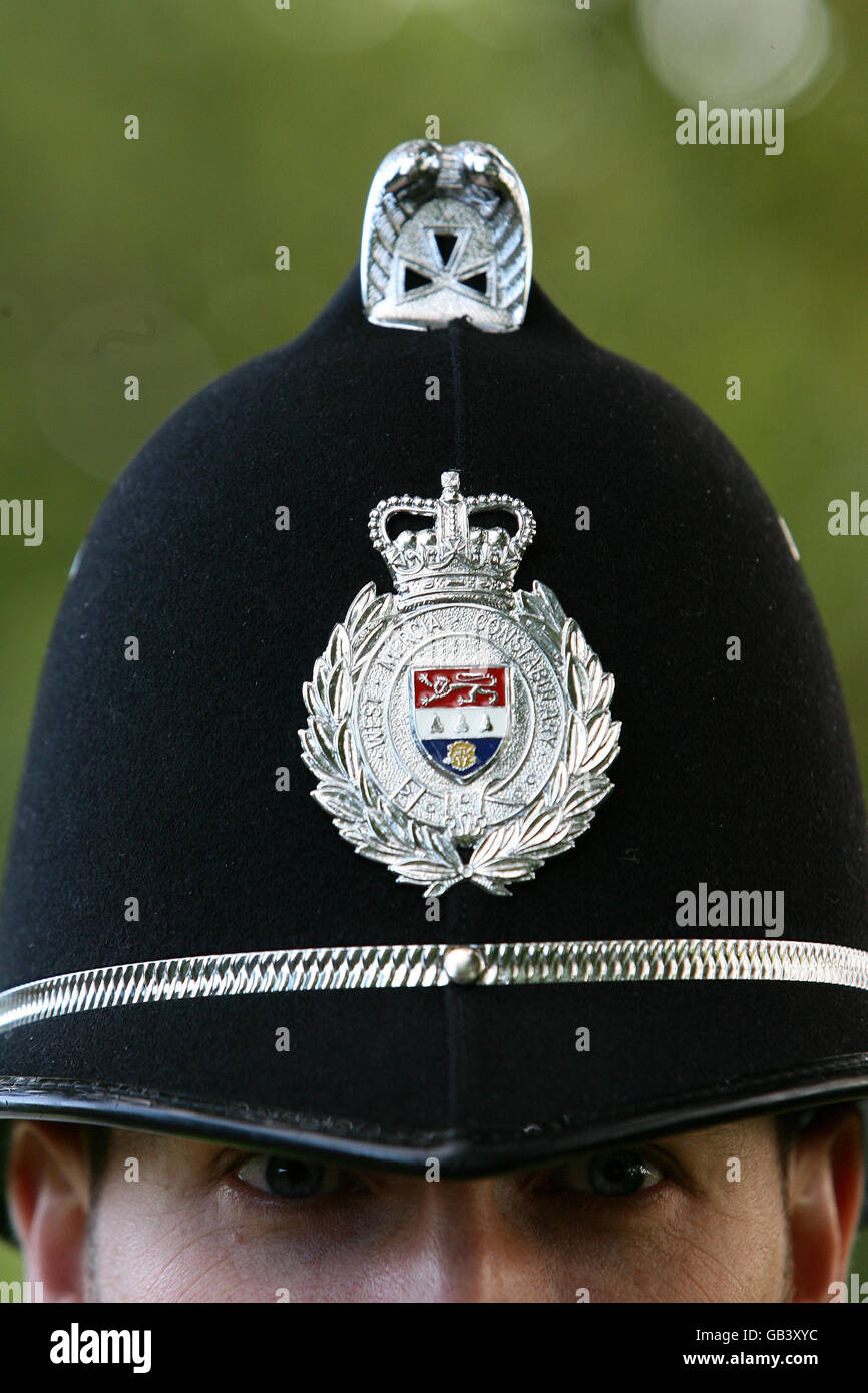 Generic stock picture of a West Mercia Police Badge on a policeman's helmet. Stock Photo