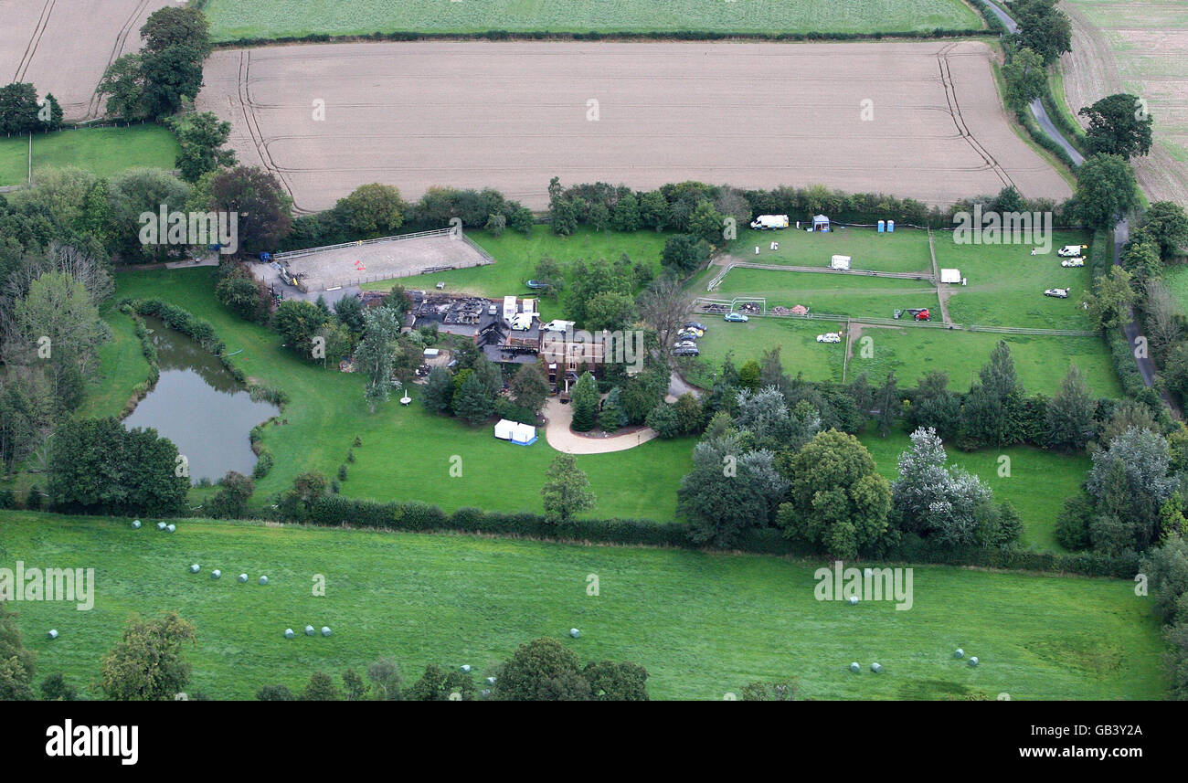 Aerial picture of the burnt-out, Osbaston House in Maesbrook, Shropshire, the home of millionaire businessman Christopher Foster. Stock Photo