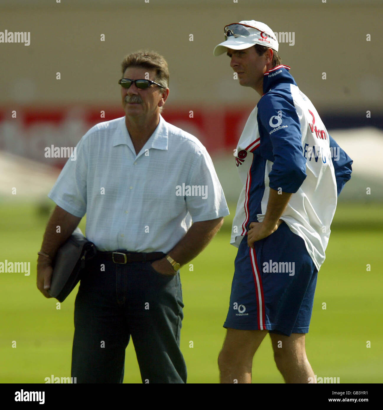 England's Michael Vaughan chats to Rodney Marsh at todays nets session prior to the series against South Africa Stock Photo