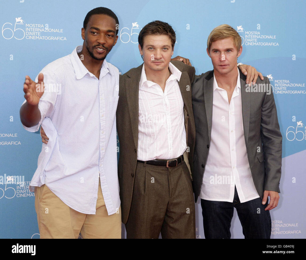 AP OUT. From left to right: Anthony Mackie, Jeremy Renner and Brian Geraghty attend the press conference and photocall of 'The Hurt Locker' at the Casino di Venezia, during the 65th Venice Film Festival, Italy. Stock Photo