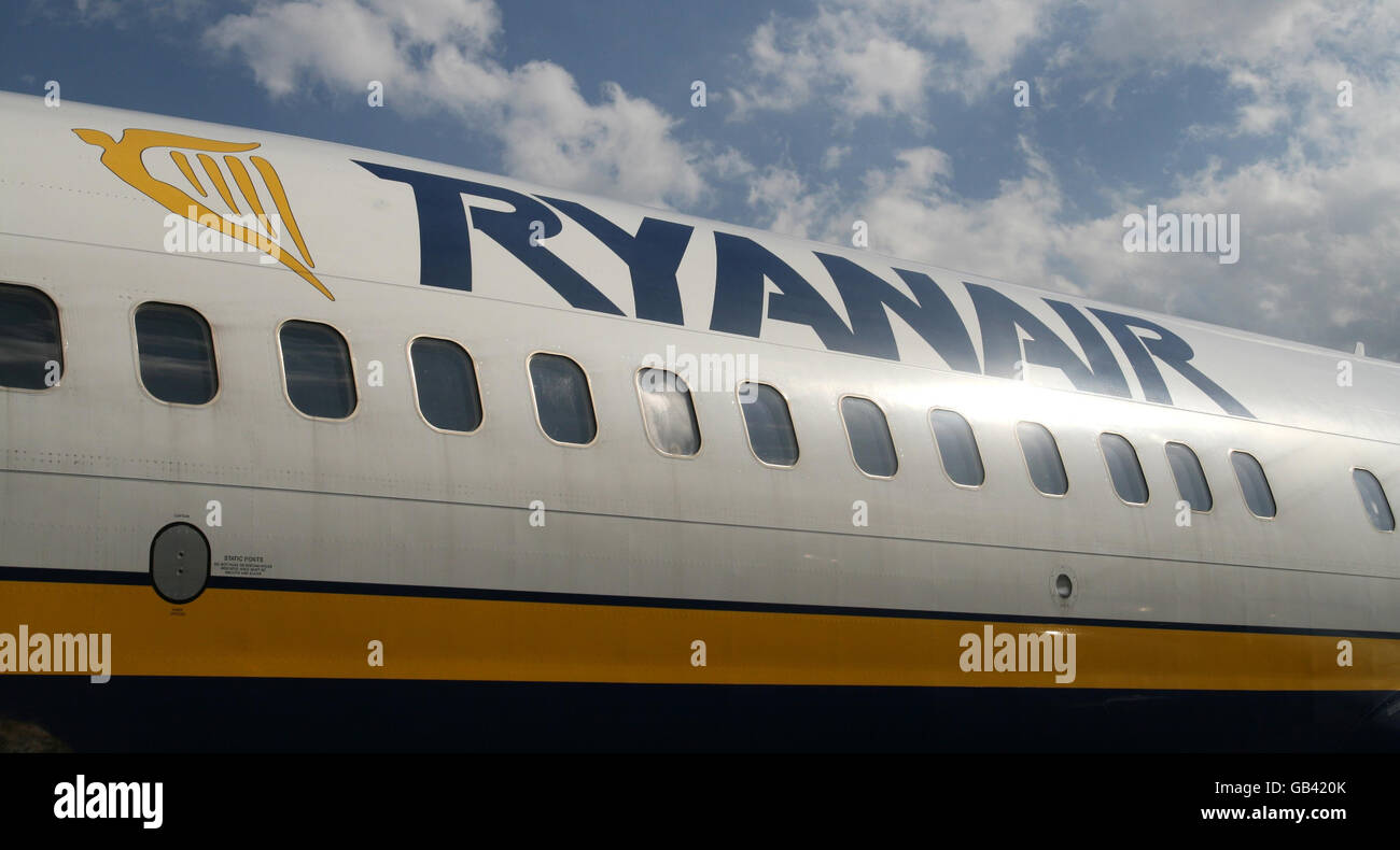 Ryanair stock. A general view of a Ryanair plane at London Stansted airport. Stock Photo