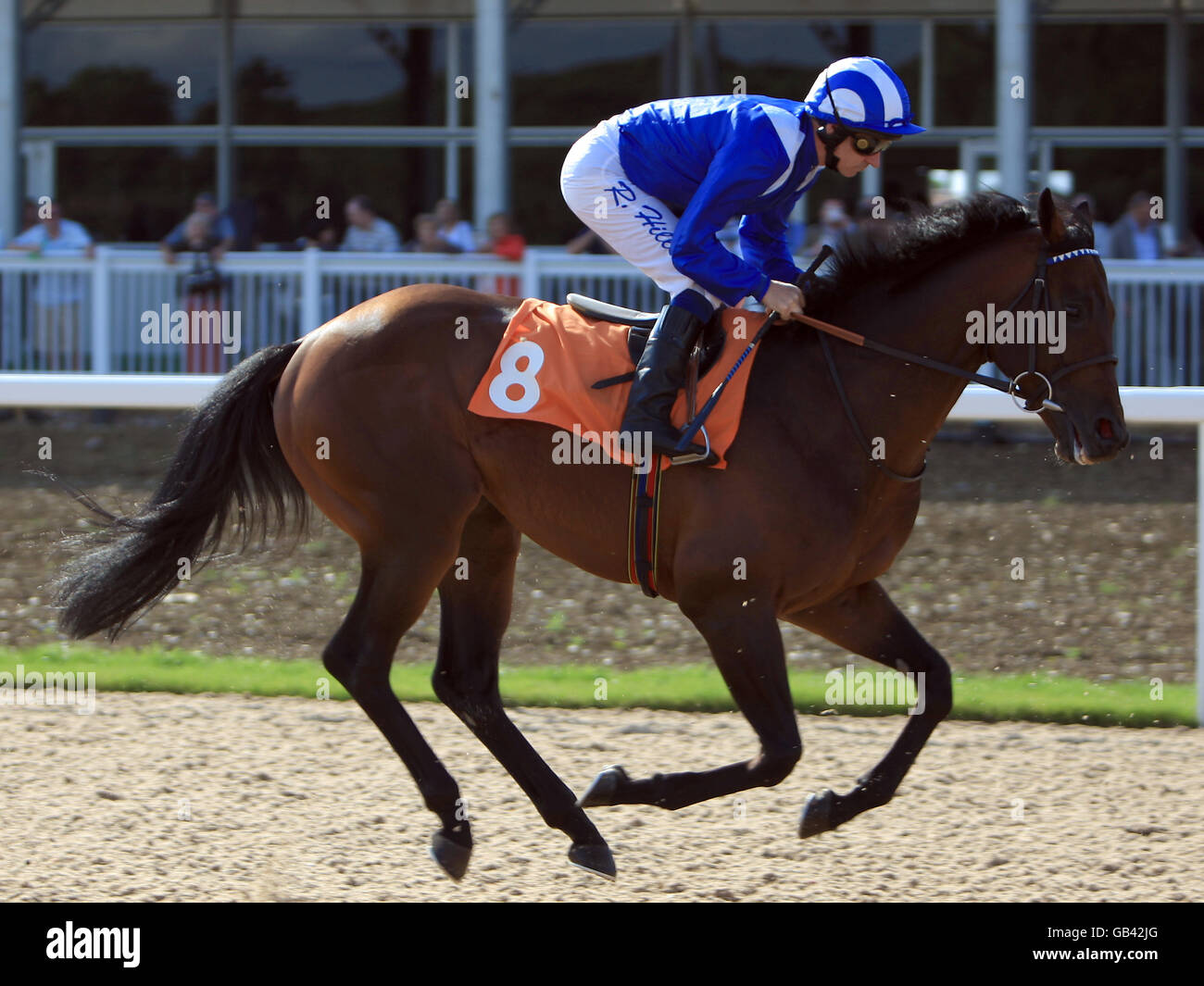 Jockey Richard Hills on Masaalek goes to post in the Marks Hall Conditions Stakes at Great Leighs Racecourse Stock Photo