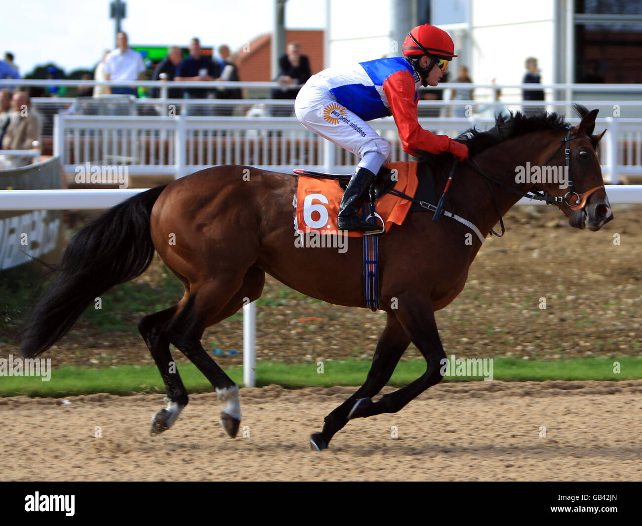 Jockey Adrian Nicholls on Kings Point goes to post in the Wickham Bishops Handicap at Great Leighs Racecourse Stock Photo