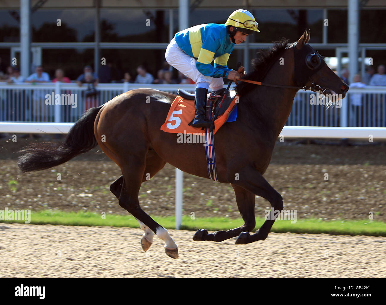 Jockey Andrea Atzeni on Scartozz goes to post in the Marks Hall Conditions Stakes at Great Leighs Racecourse Stock Photo