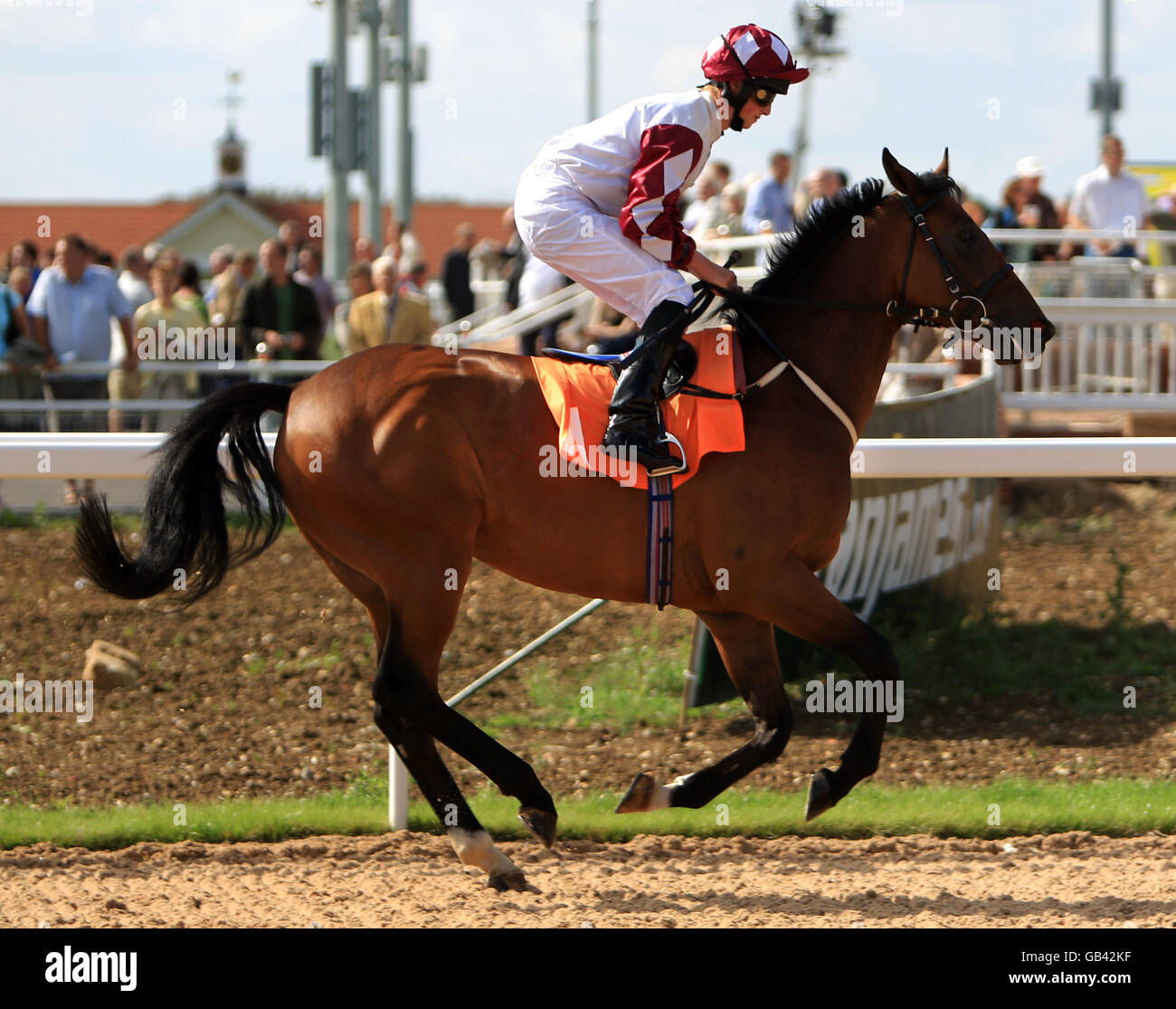 Jockey Jack Mitchell on Grand Vizier goes to post in the Wickham Bishops Handicap at Great Leighs Racecourse Stock Photo