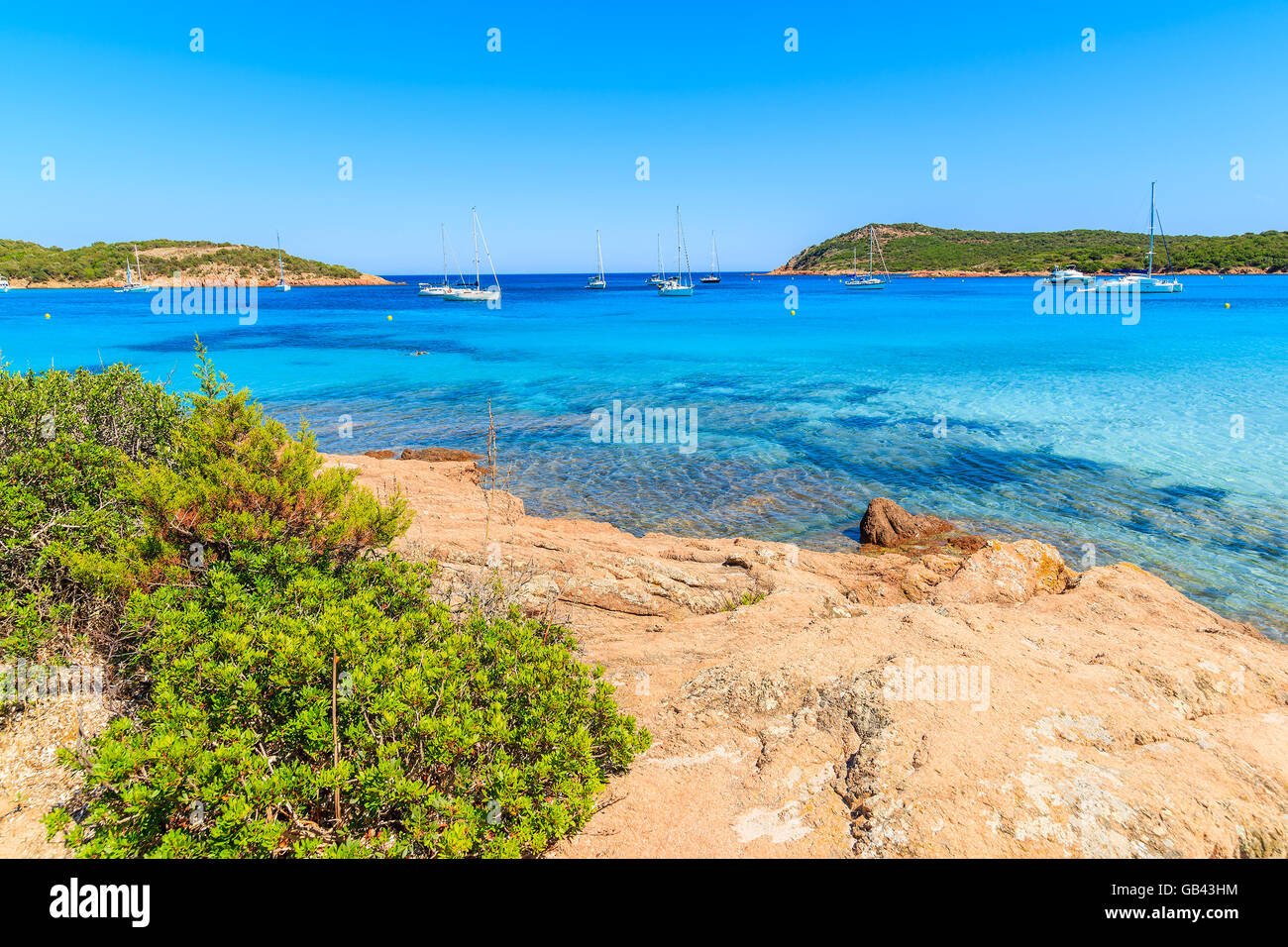 Beautiful coast of Corsica island with azure crystal clear sea water, France Stock Photo