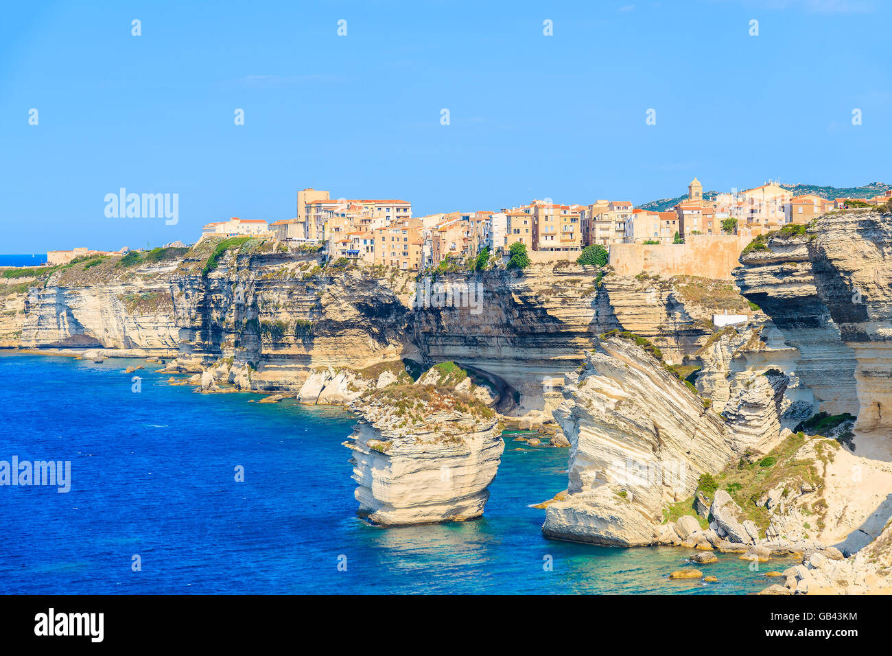 A view of Bonifacio old town built on high cliff above the sea, Corsica island, France Stock Photo