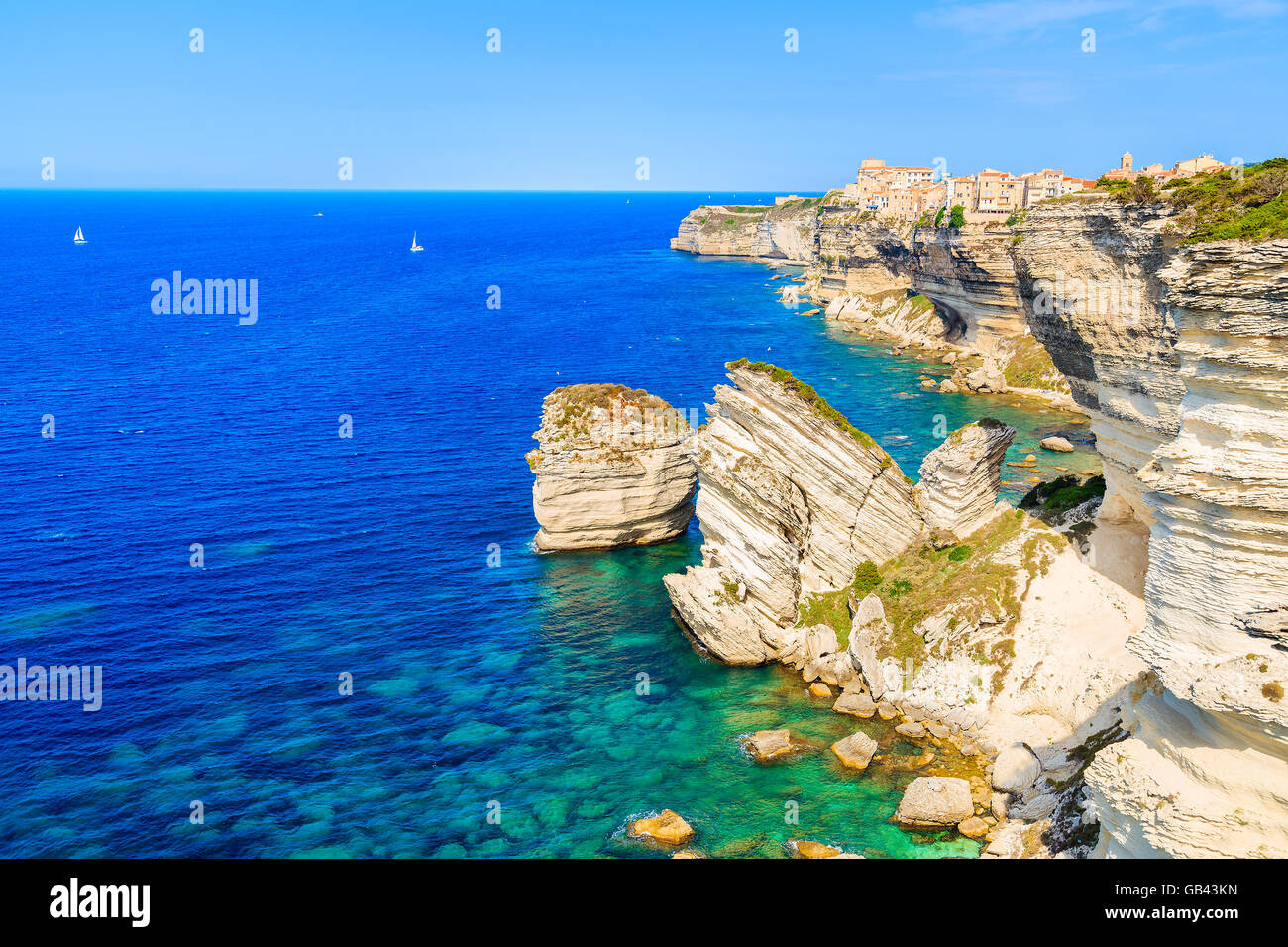 A view of Bonifacio old town built on high cliff above the sea, Corsica island, France Stock Photo