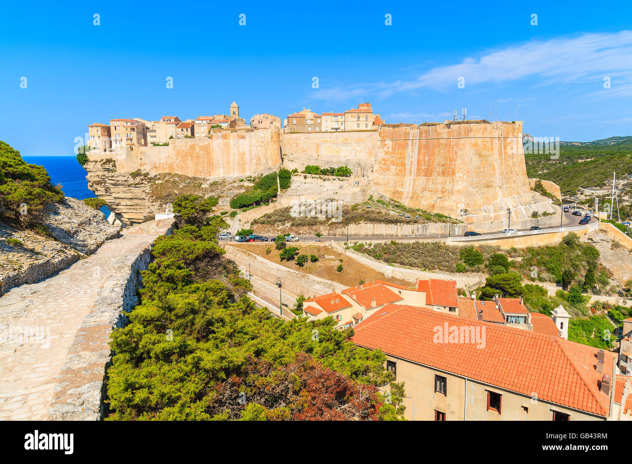 Coastal path to Bonifacio old town built on high cliff above the sea, Corsica island, France Stock Photo