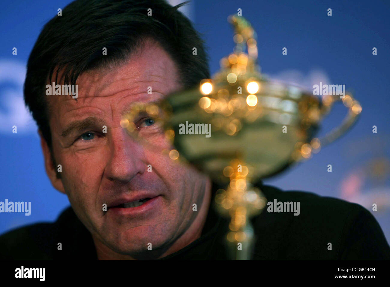 European captain Nick Faldo (left) with the Ryder Cup during a press conference at the Kentucky Exposition Center in Louisville, Kentucky, USA. Stock Photo