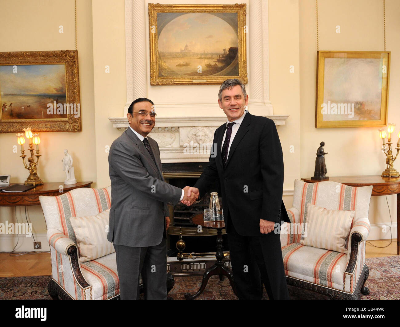 Pakistan President Asif Ali Zardari with British Prime Minister Gordon Brown inside 10 Downing Street, London, where they met for talks. Stock Photo